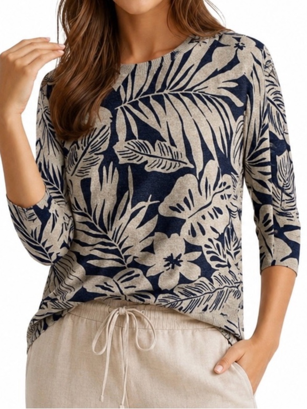 LOFT Italian Yarn Tropical Palm Floral Sweater Navy Taupe Size L
